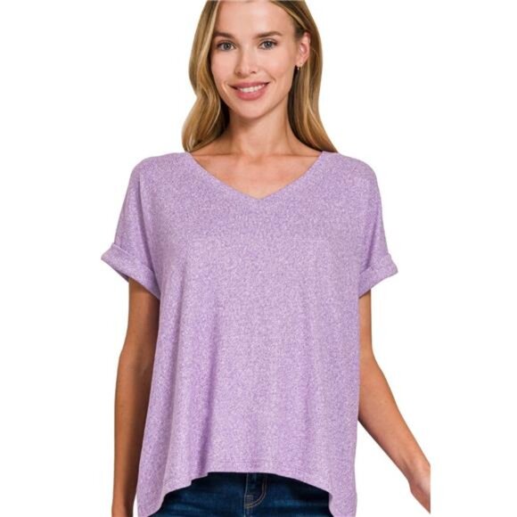 Zenana Soft Melange Hacci V-neck Tee - Picture 1 of 3
